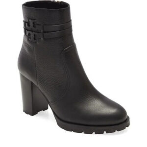 Tory Burch Leigh Black Leather Lug Sole With Logo Boots River Rock SZ 7.5   NWOB